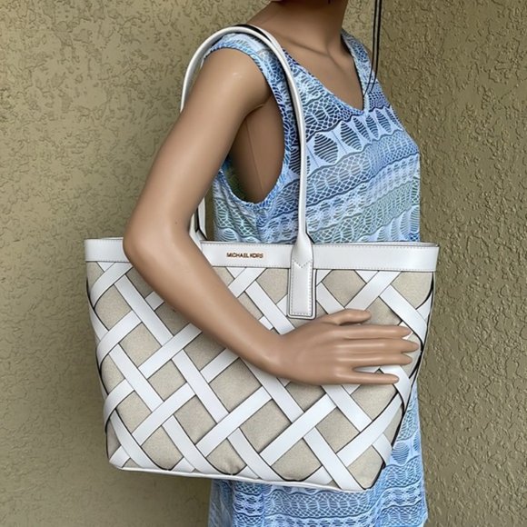 Michael Kors Sienna Large Tote Shoulder Bag Optic White Multi Leather Canvas - Picture 15 of 16
